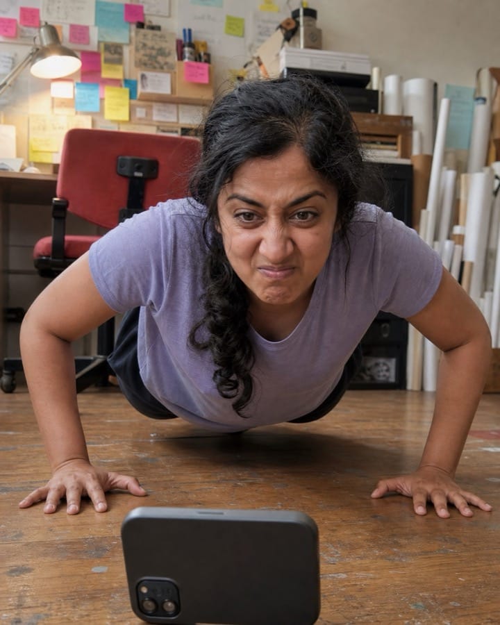 Priya doing push-ups in a busy home studio while her phone counts