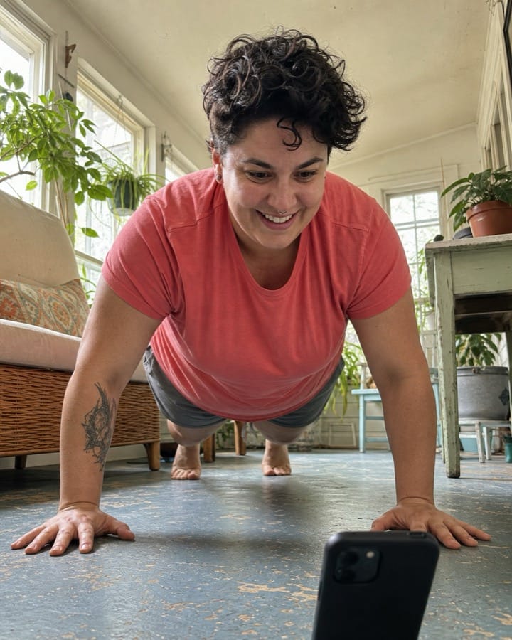 Ro smiling through a push-up set in a plant-filled sunroom