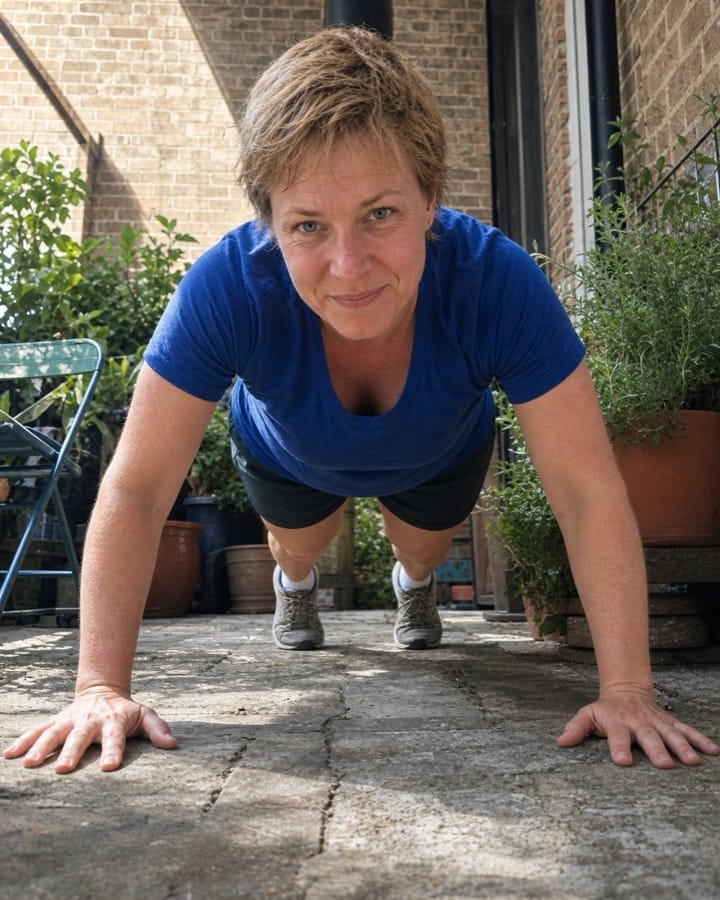 Jules doing a push-up outside in a small brick courtyard