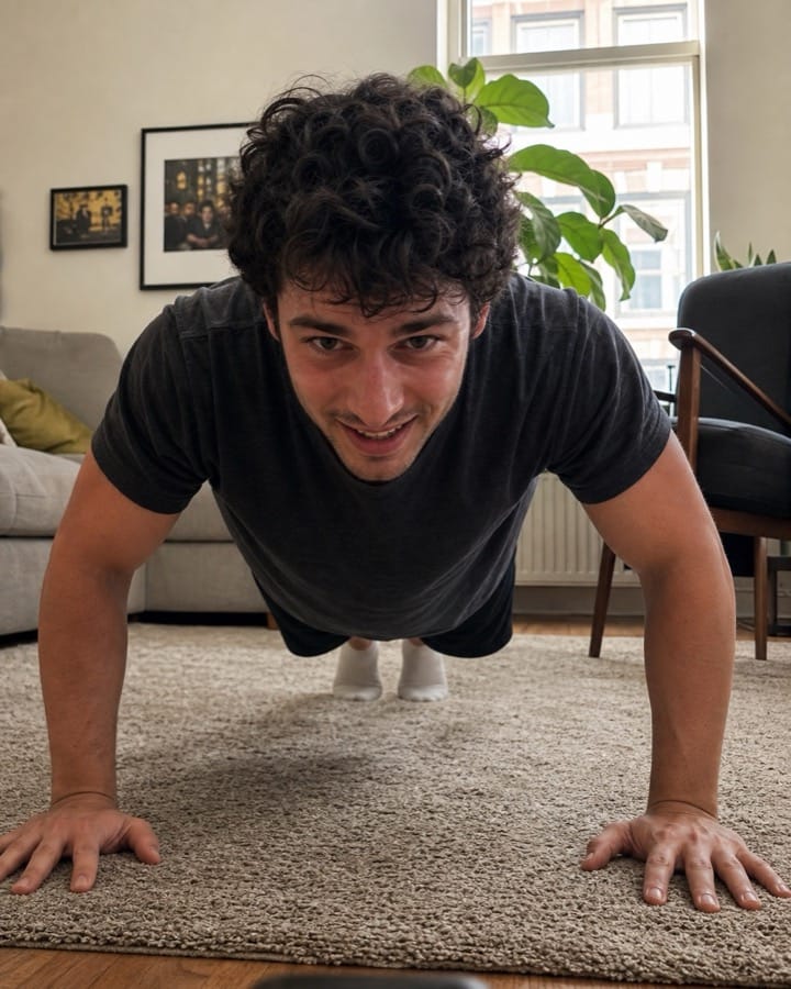 Mika doing a push-up on a rug in a lived-in living room
