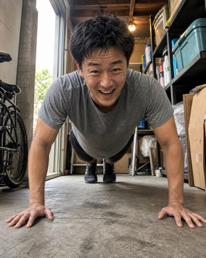 Sam smiling through a push-up in a small bike shed